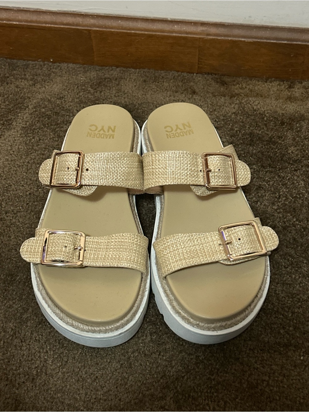 Madden NYC Beige Double-Buckle Slide Sandals
